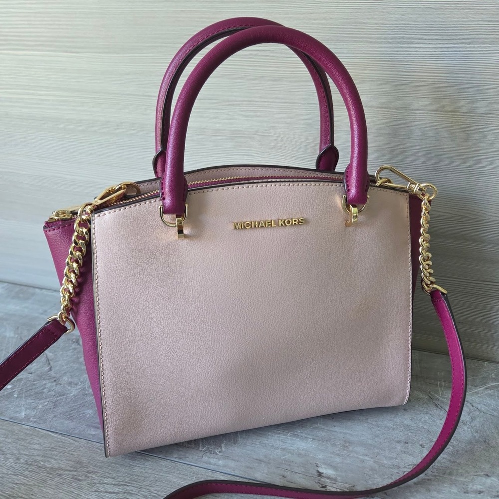 Michael Kors Ellis Large Two-Tone Satchel Leather Pink Berry Bag 35H9GE0S3T